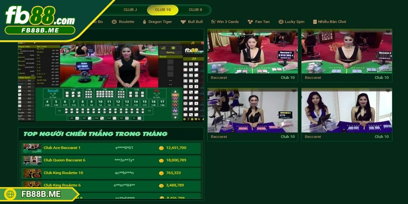 Giao diện live casino FB88 club 10 mang lại cảm giác quen thuộc